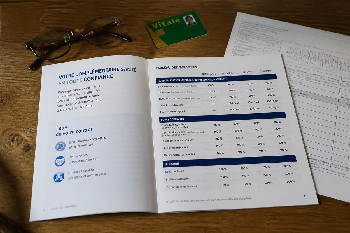 Dossier de complémentaire santé senior avec tableau de garanties et lunettes sur un bureau