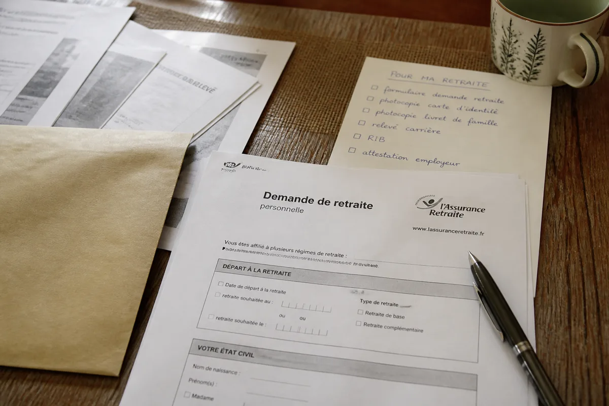Formulaire papier de demande de retraite avec pièces justificatives et enveloppe d’envoi
