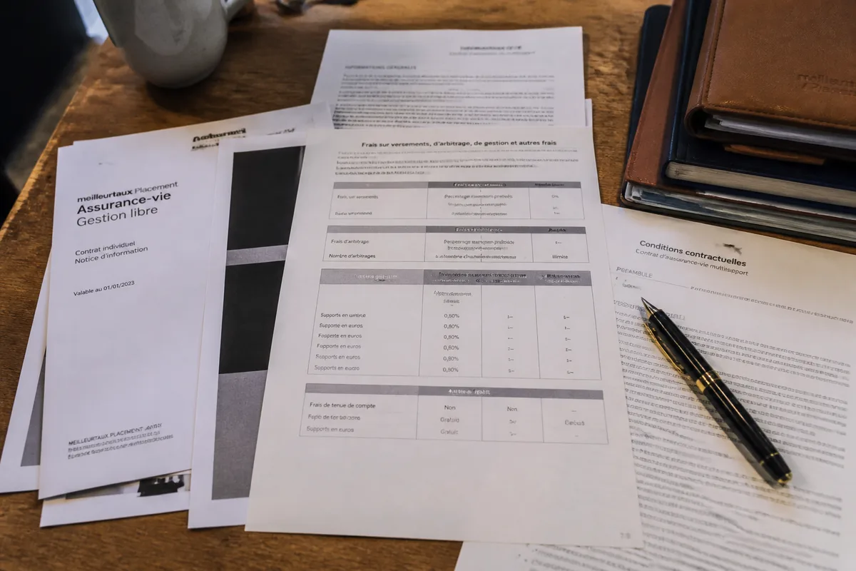 Documents d’assurance-vie et d’épargne retraite posés sur un bureau avec un stylo et un relevé de frais