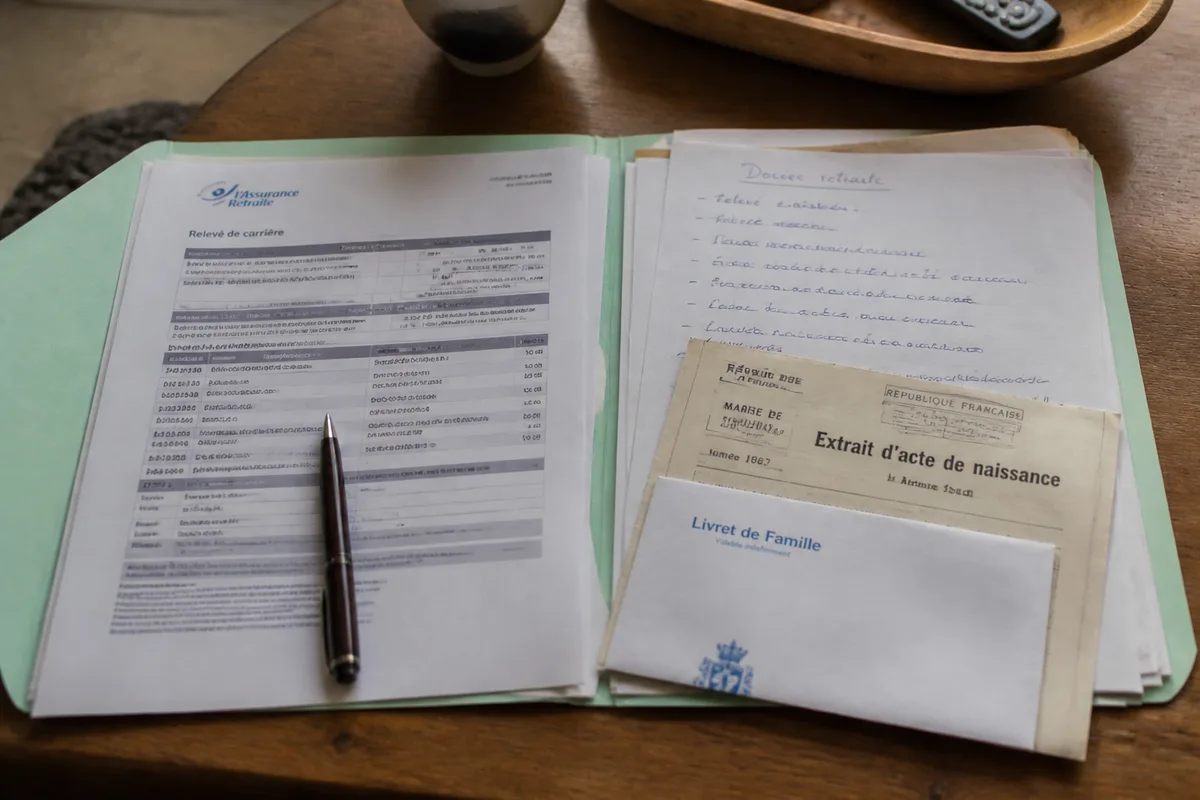 Dossier de retraite français avec relevé de carrière et justificatifs familiaux sur un bureau