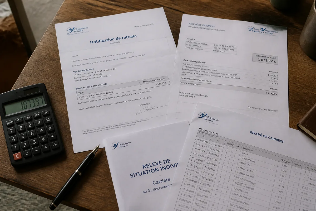 Notification de retraite et décompte de pension posés à côté d’une calculatrice et d’un relevé de carrière