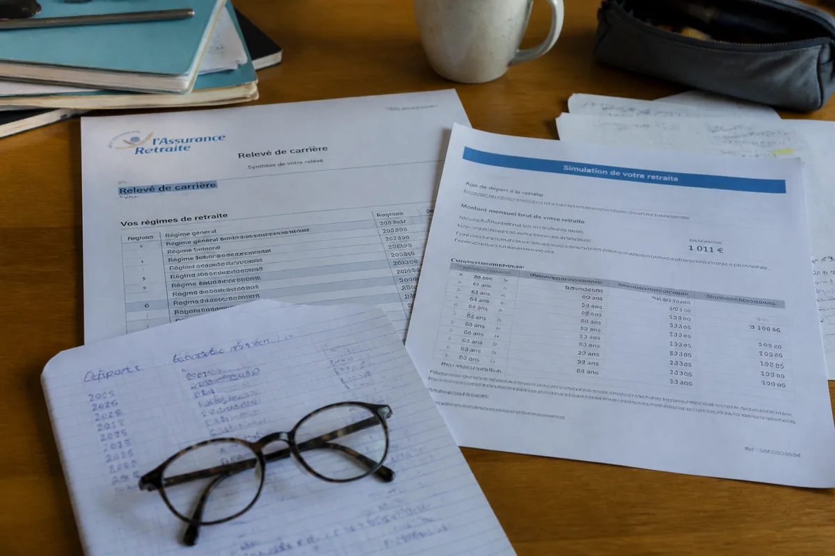 Personne consultant un relevé de carrière et une estimation de retraite sur des documents imprimés