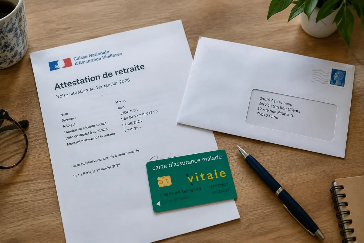 Dossier de demande de maintien de mutuelle à la retraite avec attestation et carte de santé