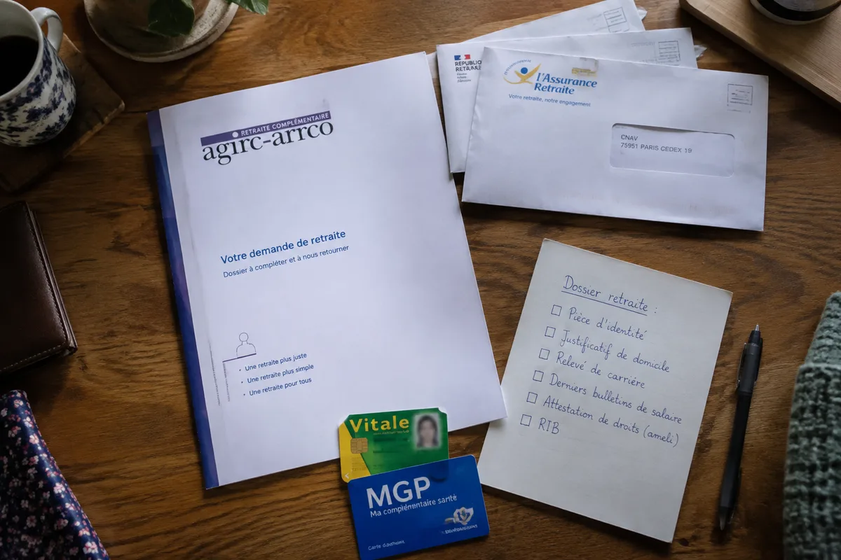 Dossier de départ à la retraite avec carte de mutuelle et courriers à envoyer aux organismes
