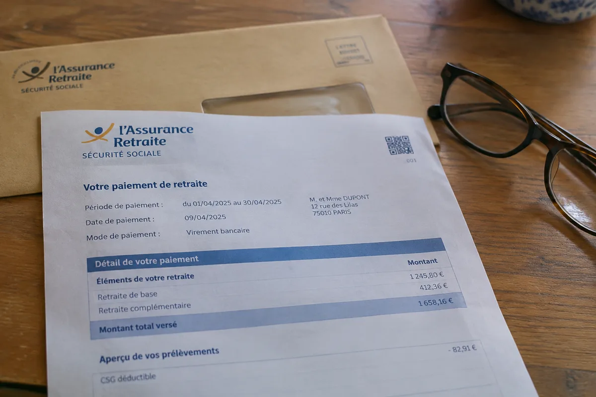 Relevé de paiement d’une pension de retraite avec lignes distinctes pour montant imposable et prélèvement fiscal
